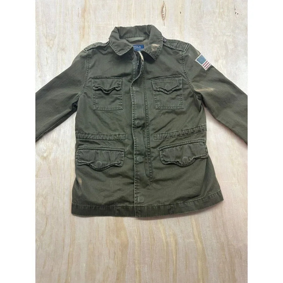 Polo Ralph Lauren Green Military Jacket Coat USA Flag Patch Child Size S 6 - Picture 1 of 10